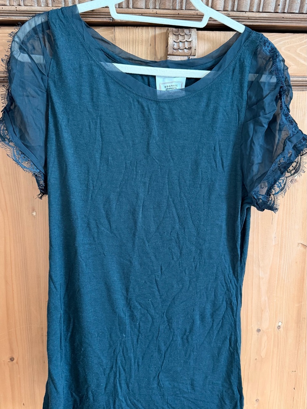 Anthropologie | Odonate Epiprocta Sheer Lace-Flutter Sleeve Tee in Dark Teal